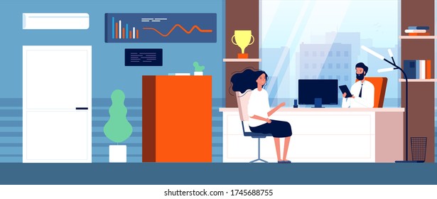 Job interview. Businessman and young woman in office. Internship or hiring, employer and job seeker talking vector illustration