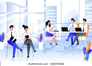 Job interview with candidate in company office. Recruitment and hiring business concept. Vector trendy flat illustration.