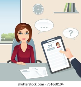 Job interview. Candidate female answers questions on job interview / Staff recruitment. Flat design, vector cartoon illustration.