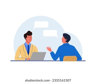 Job interview with the candidate. HR manager with laptop talking to a young man. Vector illustration in flat style for human resource concept