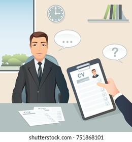 Job Interview. Candidate Male Answers Questions On Job Interview / Staff Recruitment. Flat Design, Vector Cartoon Illustration.