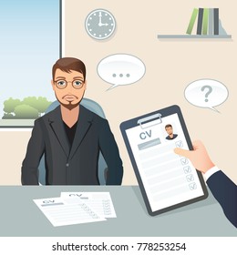 Job interview. Candidate man answers questions on job interview / Staff recruitment. Flat design, vector cartoon illustration.
