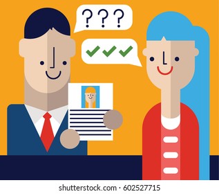 A job interview is carried out by a businessman with a curriculum vitae of an applicant on his hands