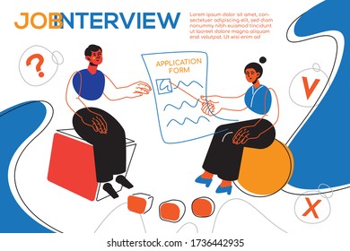 Job interview - colorful flat design style web banner with line elements and copy space for text. An illustration with characters, female HR specialist talking with a candidate. Recruitment theme