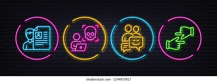 Job interview, Communication and Cyber attack minimal line icons. Neon laser 3d lights. Click hands icons. For web, application, printing. Cv file, Business messages, Ransomware risk. Vector