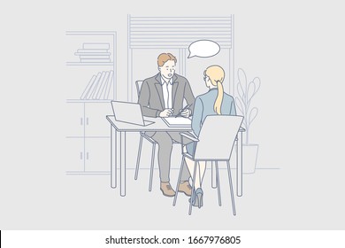 Job interview, communication, service, hr, business concept. Business people, businessman woman employer employee clerk hr manager company workers in office together. Hiring process. Customer service.