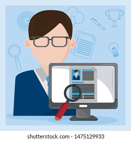 Job interview computer with checking businessman worker CV profile ,vector illustration.