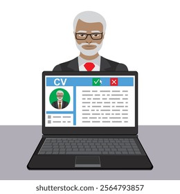 Job interview concept with business cv resume, old businessman or aged office worker. Recruitment concept. We are hiring. flat design vector illustration