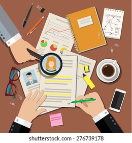 Job interview concept with business cv resume. Flat vector illustration