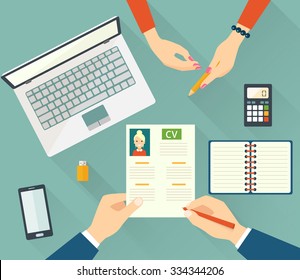 Job interview concept with business cv resume. Vector flat illustration