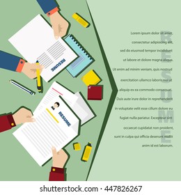 Job interview concept with business resume on green background.