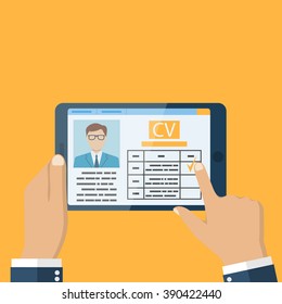 Job interview concept. Businessman estimates cv. Vector illustration in flat design. Human resources.