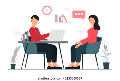 Job interview concept. Candidate for vacancy, staff expansion and new employees. Talented character talks about his achievements. HR manager and recruitment. Cartoon flat vector illustration