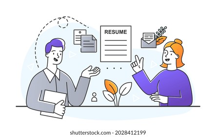 Job interview concept. Employee of human resources department considering candidate for position. Man reads resume and makes decision. Cartoon doodle flat vector illustration on white background