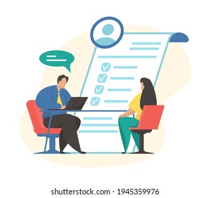 Job interview concept flat vector illustration. Curriculum vitae recruitment candidate. Talking with job applicant. Human