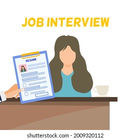 Job interview concept, a hand holding resume, a candidate standing behind the table with coffee cup on the table