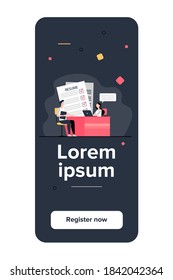 Job interview concept. HR manager meeting with candidate with resume for conversation. Vector illustration for new employee, human resource, career topics