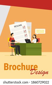 Job interview concept. HR manager meeting with candidate with resume for conversation. Vector illustration for new employee, human resource, career topics