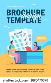 Job interview concept. HR manager meeting with candidate with resume for conversation. Vector illustration for new employee, human resource, career topics