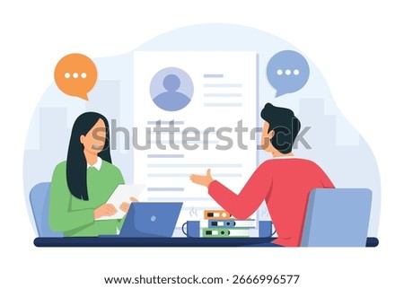 Job interview concept. HR Manager interviews candidate for vacancy. Headhunting and recruitment. Company hiring employee. Business meeting and conversation.  Vector illustration.