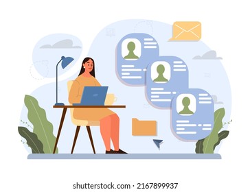 Job interview concept. Idea of employment and hiring procedure. Recruiter searching for and interviewing a job candidate. Flat vector illustration