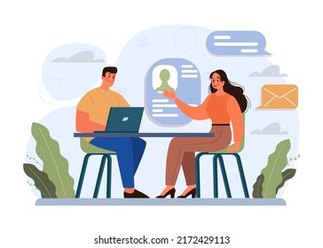 Job interview concept. Idea of employment and hiring procedure. Recruiter searching for and interviewing a job candidate. Flat vector illustration