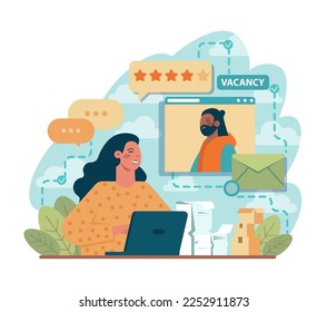 Job interview concept. Idea of recruitment and hiring procedure. Recruiter searching for a job candidate, interviewing vacancy applicants. Flat vector illustration