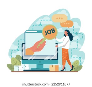 Job interview concept. Idea of recruitment and hiring procedure. Recruiter searching for a job candidate, interviewing vacancy applicants. Flat vector illustration