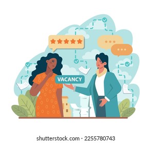 Job interview concept. Idea of recruitment and hiring procedure. Recruiter searching for a job candidate, interviewing vacancy applicants. Flat vector illustration