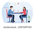 Job interview concept illustration. Modern flat vector illustration of a man talking to a woman with a laptop. Vector illustration.