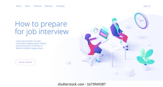 Job interview concept in isometric vector desig. Business HR or Human resources manager hiring employee or worker. Recruiting staff in company. Organizational socialization metaphor.