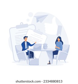  job interview concept, Jobseeker and employer sit at the table and talk. Good impression. flat vector modern illustration