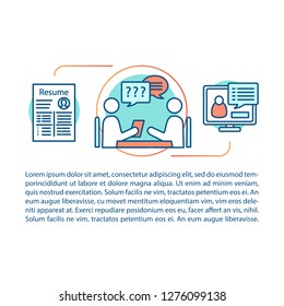 Job interview concept linear illustration. Employment. Recruitment. Employer and employee. Article, brochure, magazine page layout. Thin line icons with text boxes. Vector isolated outline drawing
