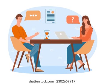 Job interview concept. Man answers womans questions. HR manager with candidate for vacancy. Company recruitment and headhunting. Guy talking to girl with laptop. Cartoon flat vector illustration