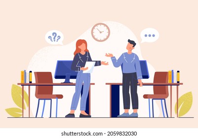 Job interview concept. Man came to get job. Work candidate, employee search, hr. Meeting in offise, ask, question, recruitment, hiring. Cartoon flat vector illustration isolated on white background