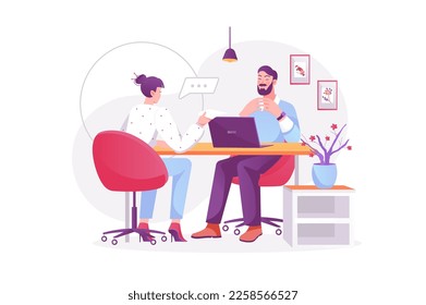 Job interview concept with people scene. Woman is talking to HR manager. Man searches, selects and hiring candidates to office job. Vector illustration with character in modern flat design for web