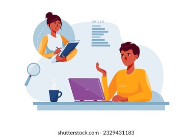 Concepto de entrevista de trabajo con la escena de la gente en el estilo de dibujo plano. Un hombre está entrevistando para un trabajo en línea. Ilustración vectorial.