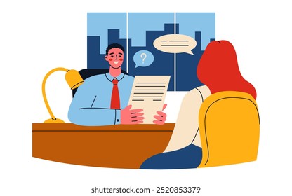 Job interview concept. Recruitment and hiring. Flat vector illustration of employer and employee talking in the office.