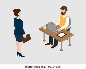 Job interview concept. Recruitment subject. Conversation between the boss and the subordinate concept. 3d isometric design vector illustration.