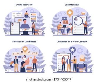 Job interview concept set. Idea of employment and hiring. Recruitment manager searching. Isolated flat vector illustration