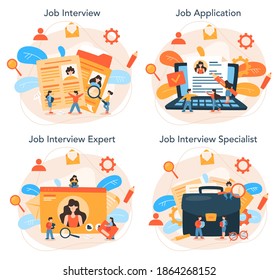 Job interview concept set. Idea of employment and hiring. Recruitment manager searching. HR manger occupation. Isolated flat vector illustration