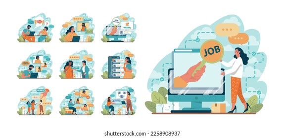 Job interview concept set. Idea of recruitment and hiring procedure. Recruiter searching for a job candidate, interviewing vacancy applicants. Flat vector illustration