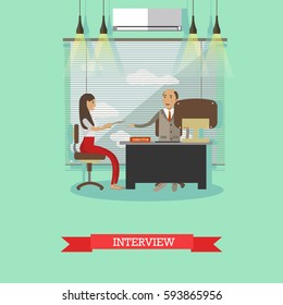 Job interview concept vector illustration in flat style. Manager, director holding interview with young woman candidate.