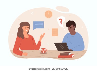 Job interview concept. Woman tells about her work experience to employee of personnel department. Candidate for position in company. Cartoon flat vector illustration isolated on a white background