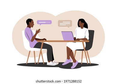 Job interview conversation. African hr manager and job candidate meeting for interview. Vector illustration. Flat.