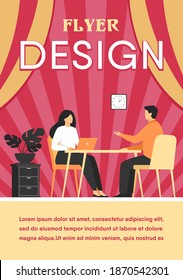 Job interview conversation. HR manager and employee candidate meeting and talking. Man and woman sitting at table and discussing career. Business or human resource concept