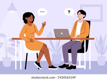 Job interview conversation. HR manager and employee candidate talking. Business mobility concept with colleagues using a laptop computer seated at a table having a meeting, colored vector illustration