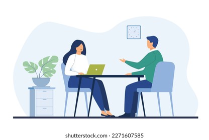 Job interview conversation HR managers and employee candidates met and talked. A man and woman are sitting at a table and discussing careers. Business or human resource concept