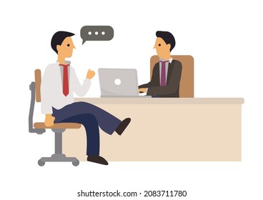 Job interview conversation. Manager and employee candidate meeting and talking. Men at table and discussing career. Business or human resource concept. Vector illustration