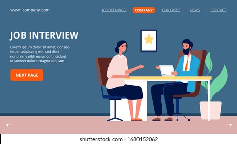 Job interview. Corporate company, jobs applicant and specialist. Head hunter, recruitment and hr agency. Woman and business man talking, hiring vector landing page